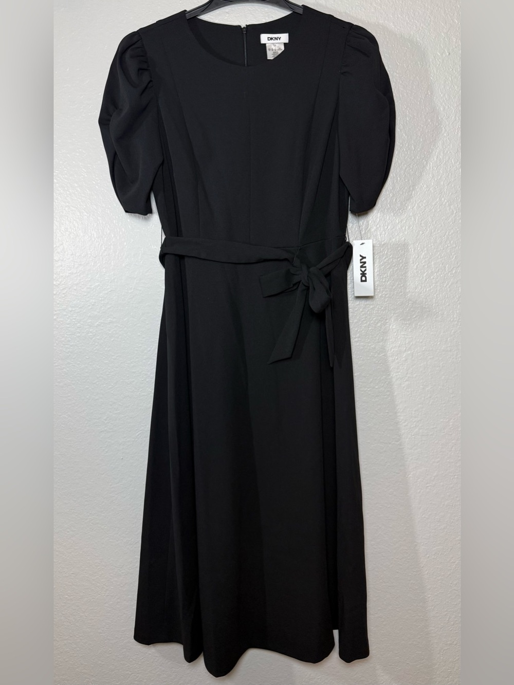 DKNY Black Puff Sleeve Bow Zip A-Line Dress Crew Neck Midi Short Sleeve 10 NWT